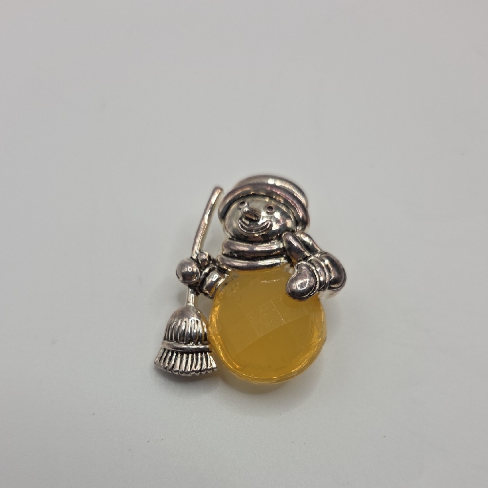 Estate Silver Snowman Brooch with Yellow Acrylic Accent